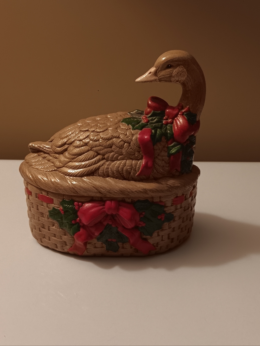 Vintage Hand Painted Ceramic Christmas Goose Candy/Trinket Dish.